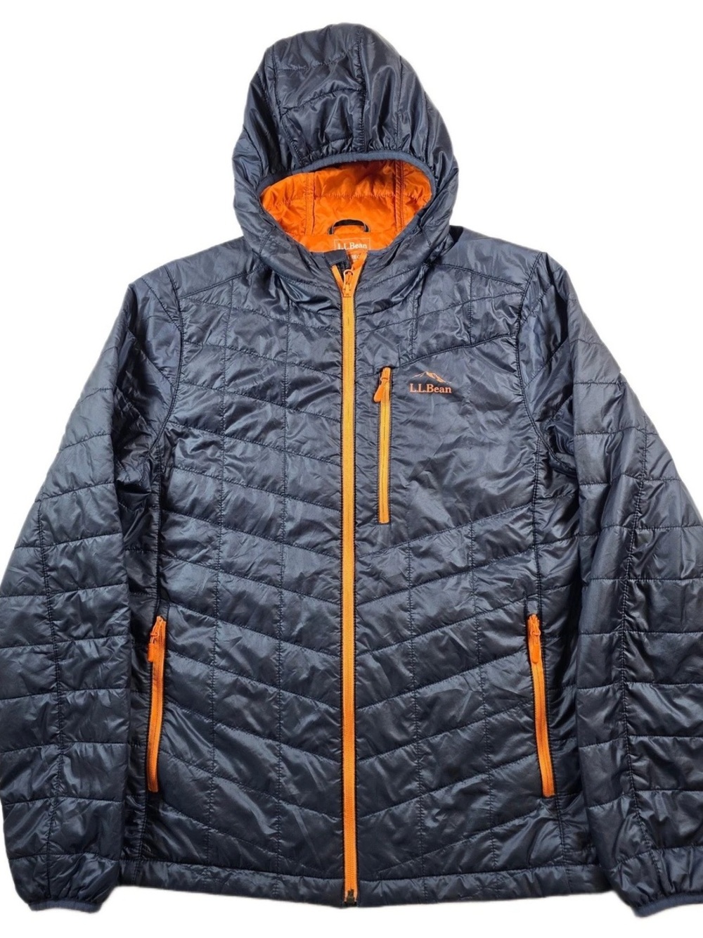 L.L. Bean Men's Navy Puffer Jacket with Orange Accents